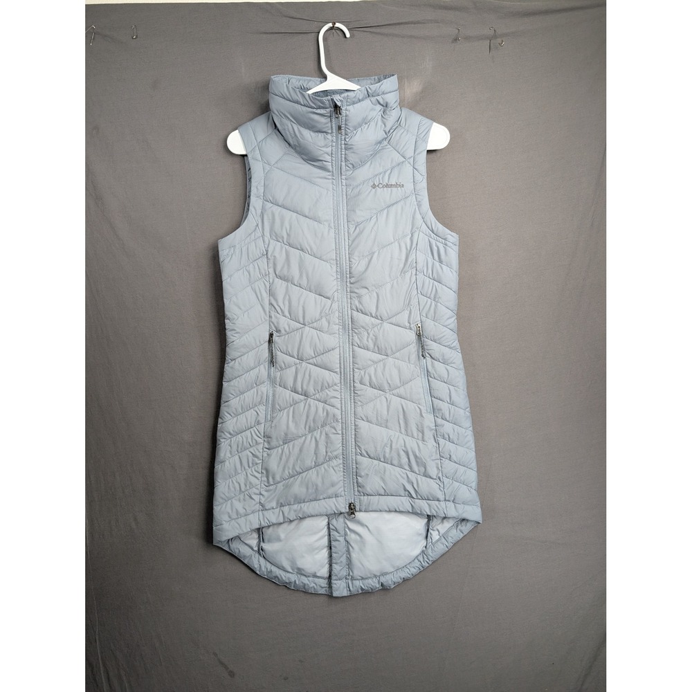 Columbia Womens Heavenly Long Vest Blue Grey Small WK0232 Omni-Heat Quilted